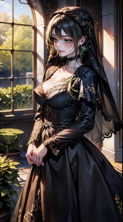 ((short hair, green hair, choker)), beautiful, beautiful woman, perfect body, perfect breasts, ((Wearing a mourning dress with delicate embroidery:1.9, black veil:1.6)), ball gown, wood々In the garden of, funeral decorations, looking at the audience, slight...