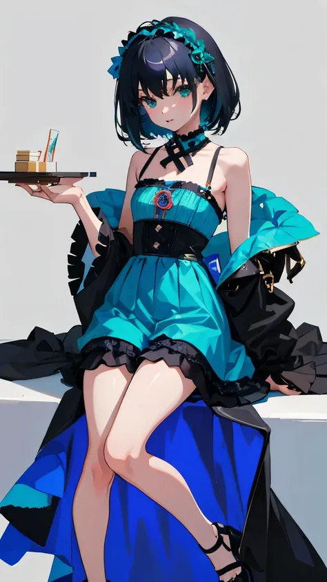 (short cute girl，small young student，young delicate girl）,（masterpiece，Top quality)，blue green lolita outfit，shorts，black hair