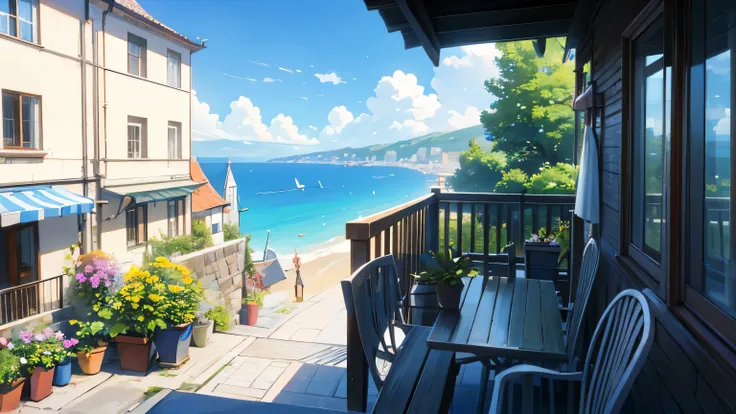 Europe、Terrace seats、You can see the sea at the end of the street、photograph、parasol、There are no people、There are flowers on the window、Terrace seatsから空を見上げた風景