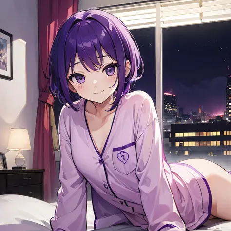 (T Masterpiece，4k wallpaper，best quality))、((girl１people))、(solo)、Shining and vivid，(purple hair)、(shortcut:1.3)、smile、Bedroom、pajamas、night