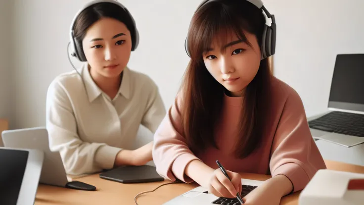 Wear headphones、Woman using laptop computer while sitting at desk, studying in the bedroom, study in a brightly lit room, in front of the computer, trying to study, study, student, young asian woman, sitting in front of the computer, sitting in front of th...