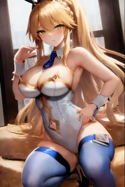 masterpiece, best quality, absurdres, looking at viewer, (light_smile:0.6),
1girl, ahoge, rabbit ears, playboy bunny, artoria pendragon (swimsuit ruler) (fate), large breasts , blonde hair, green eyes, french braid,  pony tail
bare shoulders, large breasts...