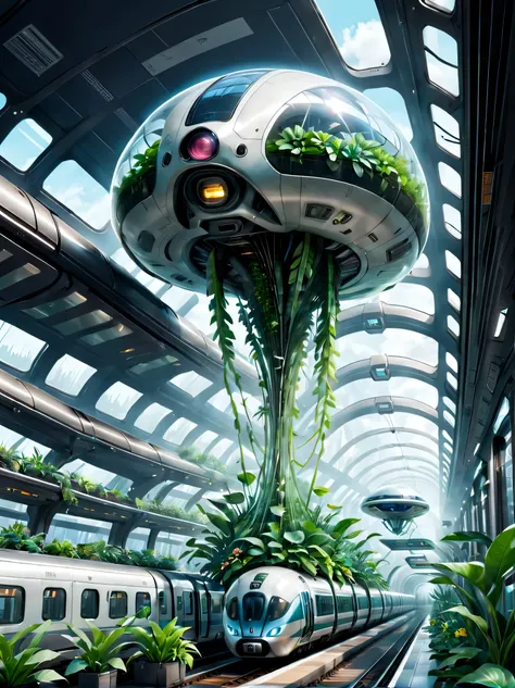 Brand new spacious and tall station hall：1.37，brand，train circling in the sky，Cute little transparent alien，transparent train，A train full of plants，high-end，advanced，Clean，neat