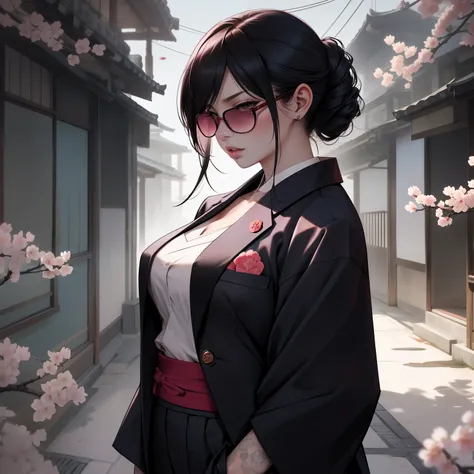 Female yakuza boss wearing a suit, japanese aesthetic, alone, solo, (ALONE)(SOLO), chery blossom falling, serious look in her eye, the boss, wearing sunglasses