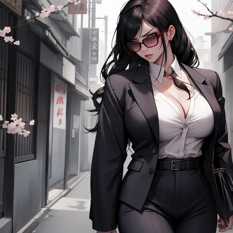 Female yakuza boss wearing a suit, japanese aesthetic, alone, solo, (ALONE)(SOLO), chery blossom falling, serious look in her eye, the boss, wearing sunglasses