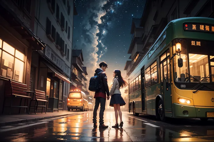 bus stop，comics， bright starry sky. Romantic bus passing through body of water on road，high saturation，Bright colors， Xin Haicheng&#39;s pictures, pure, concept art, Lofi Art style, reflection. author：Xin Haicheng, Lofi Art, Beautiful anime scene, anime sc...