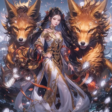 Feitian Nine Tails Light Blue Celestial Master Flame Hairy Fox Star，novel，Torch Night Black Gold Orange Snake Print Silk Trousers，Rouge Diamond Tulle Sheer Lizard Print，Fat girl flying in space in the snow 1:900 miniatures，Front view，pure transparency，put ...