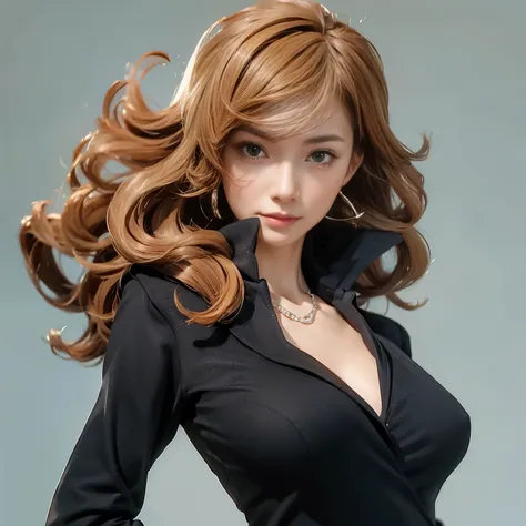 realistic photo、８ｋ、realistic skin texture、fujiko mine、black shirt、high heels、concrete background