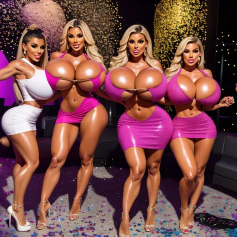 party bimbo , masterpiece, 8k, 16k, highres, multiple woman, partying, confetti, particle dust, huge breasts, muscular thighs, 