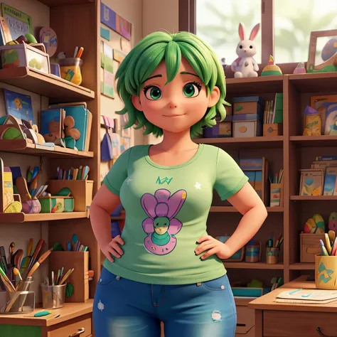 Criar personagem mulher , 25 anos, de 1,40m and short green hair, chubby and with scissors in her hand, vestindo uma blusa azul e um short jeans. With a shelf of stationery tools behind and an Easter bunny on the side