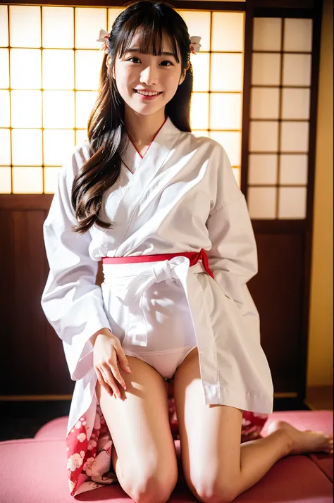 girl in ryokan room,cherry blossom floral white long-sleeved hakama top,white loincloth,no panties,18-year-old,bangs,a little smile,thighs,knees,straight hair with barrette with red bow,from below,front-light