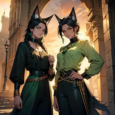 high quality, a genius, dynamic pose, About the whole growth, One fox girl, Archaeologist, black hair,  Braids, Yellow eyes ,Beautiful eyes, White skin, detailed leather, Black fox ears, (4 black fox tailedieval European closed clothing green, trousers, sh...