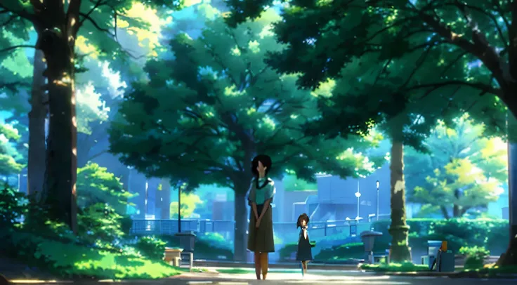 under the tree in the park, mid day, eye level camera, makoto shinkai artstyle