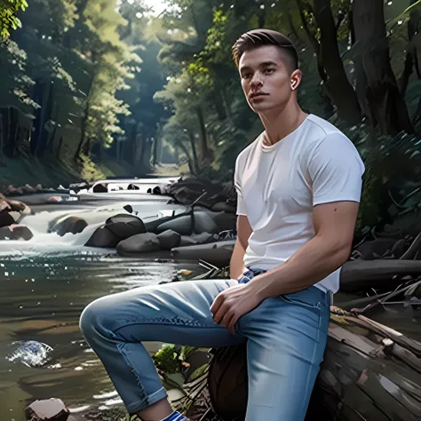 A well-built young man, wearing a white t-shirt and blue jeans, safety shoes, the man is in the forest and is sitting on a broken tree, nearby there is a river that looks like flowing water, the photo is very realistic, very real, clear details , 32k resol...