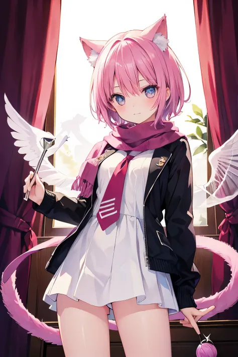 Very beautiful and shining eyes、shining eyes、1 girl、small breasts、high school girl、small breasts、Cat ear、Transparent pink short hair、scarf、hot pants、phoenix