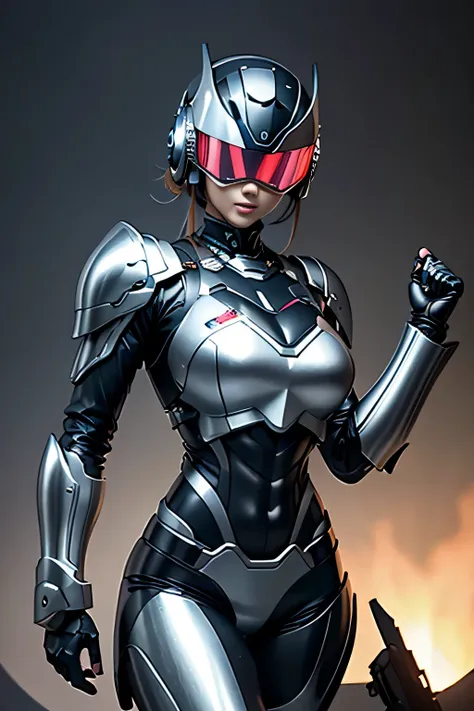 female robocop solo、Armor that completely covers the whole body、very large armor、helmet to hide eyes、rainbow armor、Armor that completely covers the chest、thin and long legs、Vibrant posel body view