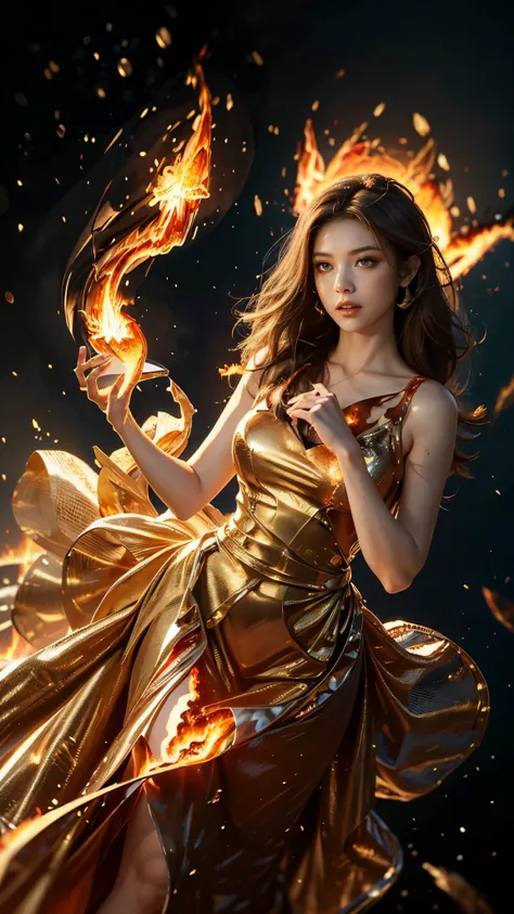 8K, ultra detailed, masterpiece, 1 fire girl, good face, detailed eyes, very long hair, hire hair, (fire dress:1.8), (golden dress:1.5), (spreading fire:1.5), (flame aura:1.4), flame in hands, perfect body,