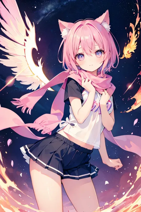 Very beautiful and shining eyes、shining eyes、1 girl、small breasts、high school girl、small breasts、Cat ear、Transparent pink short hair、scarf、hot pants、phoenix、wing、wink