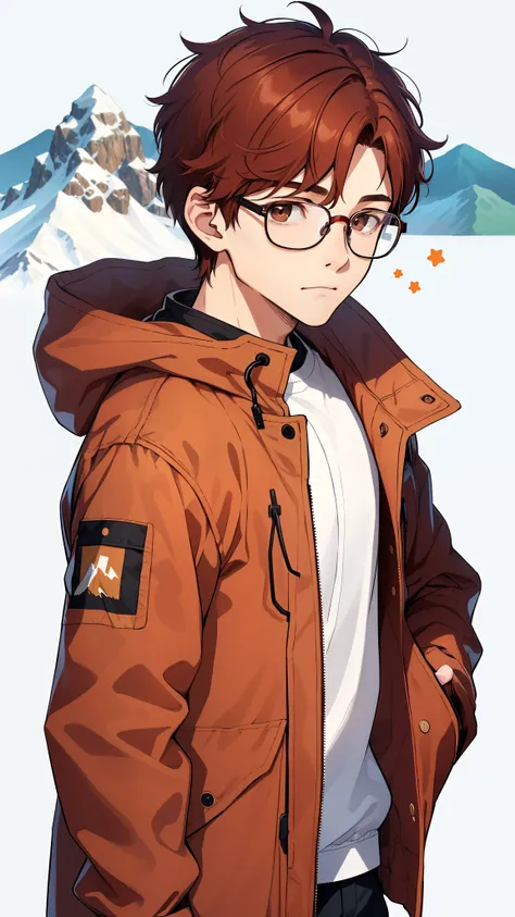 1 boy, alone, Upper body,
reddish brown hair, short hair brown eyes, Mountain parka looking at viewer,White background wearing glasses, simple background