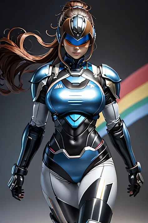 female robocop solo、Armor that completely covers the whole body、very large armor、helmet to hide eyes、rainbow armor、Armor that completely covers the chest、thin and long legs、Vibrant posel body view