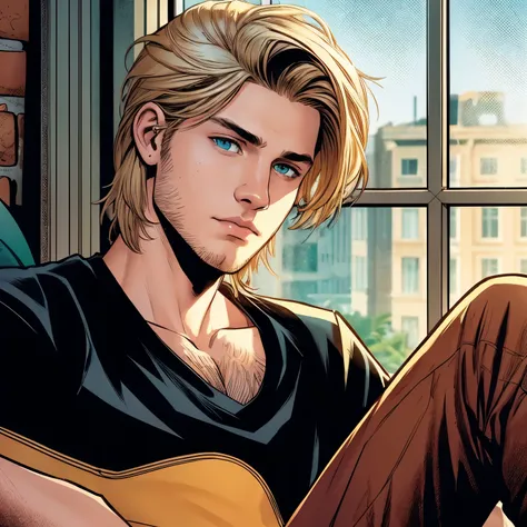 Marvel vignette, boy, white complexion with Blond hair and light green eyes, A small low ponytail and messy hair, lost gaze in the sunset that comes through his window Black shirt clinging to his body and camouflage pants with black boots