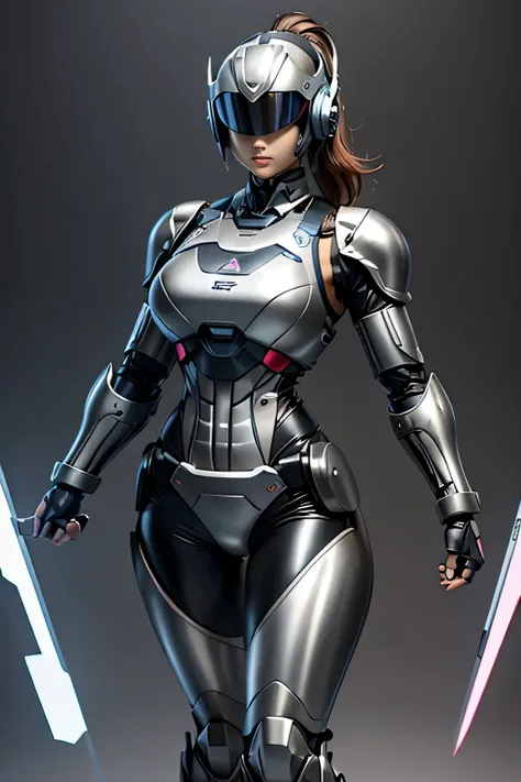 female robocop solo、Armor that completely covers the whole body、very large armor、helmet to hide eyes、rainbow armor、Armor that completely covers the chest、thin and long legs、Vibrant posel body view