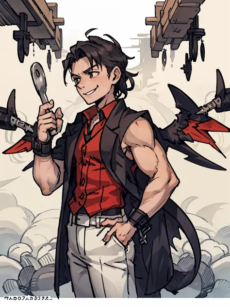 ((a man，Heroes，muscle)),front,Half body,black hair，red cloak，civilian，Vest，Smile，Different world，White background