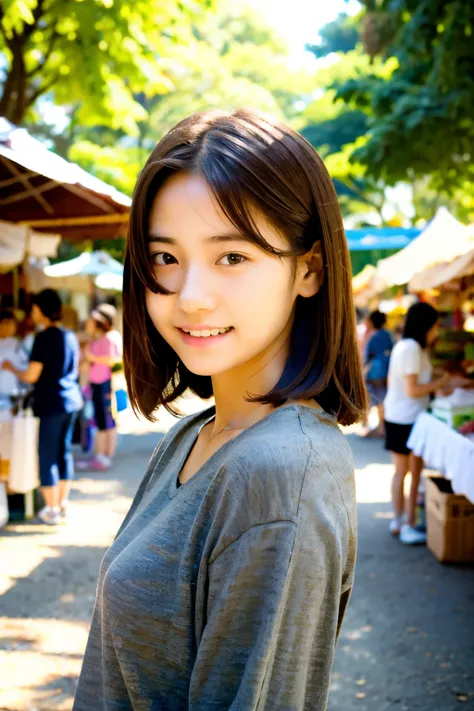 (best quality), (raw photo),  dynamic lighting,  (Dappled sunlight:1.2),
(14yo cute Thailand girl),
cute lips,
shame smile,
(looking away:0.7),
(POV),
(at the Thailand market),