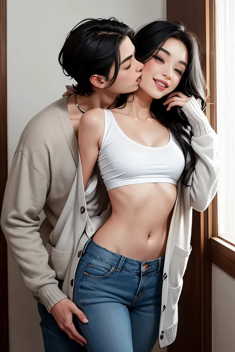 Shirtless boy with short wavy hair kissing and making out passionately with a sexy woman wearing her long straight luscious black hair, seductively gazing and smiling, soft lips, parted, blushing intensely, smiling, white t shirt, grey cardigan, baggy jean...