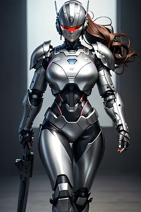 female robocop solo、Armor that completely covers the whole body、very large armor、helmet to hide eyes、rainbow armor、Armor that completely covers the chest、thin and long legs、Vibrant posel body view