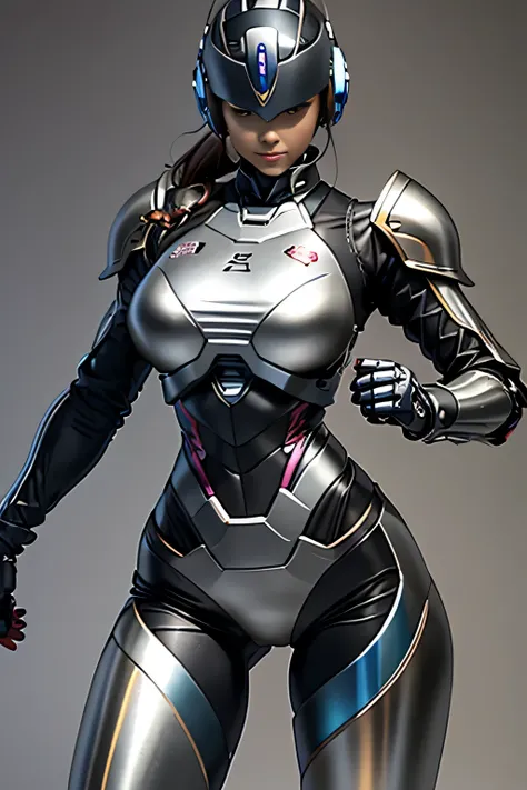 female robocop solo、Armor that completely covers the whole body、very large armor、helmet to hide eyes、rainbow armor、Armor that completely covers the chest、thin and long legs、Vibrant posel body view