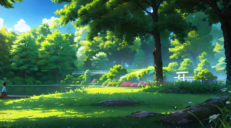 Create an illustration of a serene park with verdant green grass. Within the park, include a solitary bench positioned near a sparsely spaced tree. The scene should evoke a sense of peace and tranquility, with ample space for viewers to imagine themselves ...