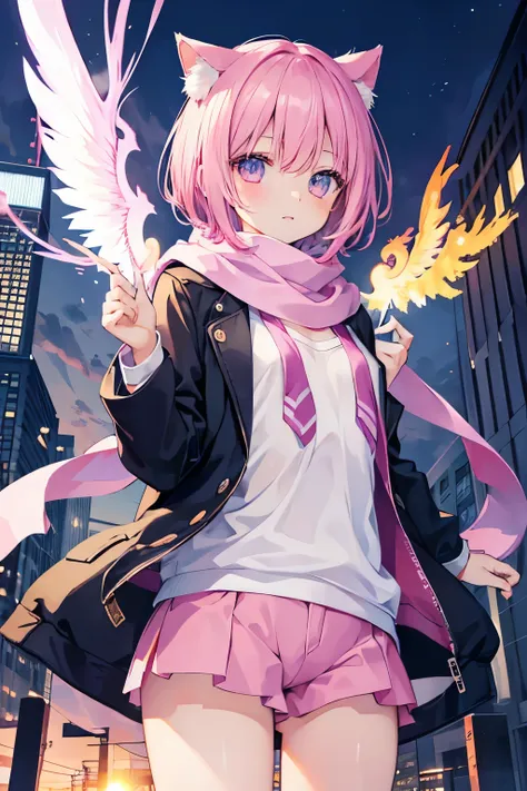 Very beautiful and shining eyes、shining eyes、1 girl、small breasts、high school girl、small breasts、Cat ear、Transparent pink short hair、scarf、hot pants、oversized jacket、phoenix、wing