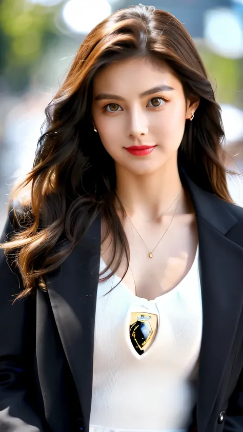 best quality, ultra-high resolution, real, photorealistic, 8K, BREAK, a Korean girl, full body, full body, BREAK, long light brown hair, white skin, blushing cheeks, detailed red lips, drunk, smile, BREAK, black and white jacket with decorations, a necklac...