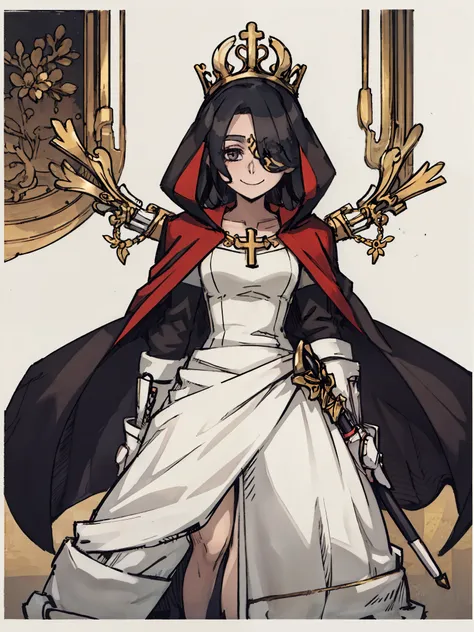 ((a woman，saint，Gold and white dress，hair over one eye)),front,Half body,black hair，red cloak，scepter，temperament，grace，Damia，Mature，gentle，kindly，Smile，religion，Different world，middle Ages，White background