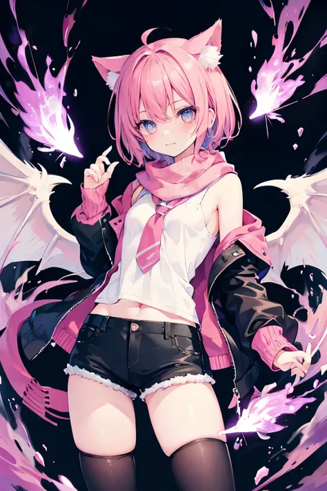 Very beautiful and shining eyes、shining eyes、1 girl、small breasts、high school girl、small breasts、Cat ear、Transparent pink short hair、scarf、hot pants、oversized jacket、phoenix、wing