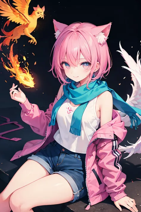 Very beautiful and shining eyes、shining eyes、1 girl、small breasts、high school girl、small breasts、Cat ear、Transparent pink short hair、scarf、hot pants、oversized jacket、phoenix、wing