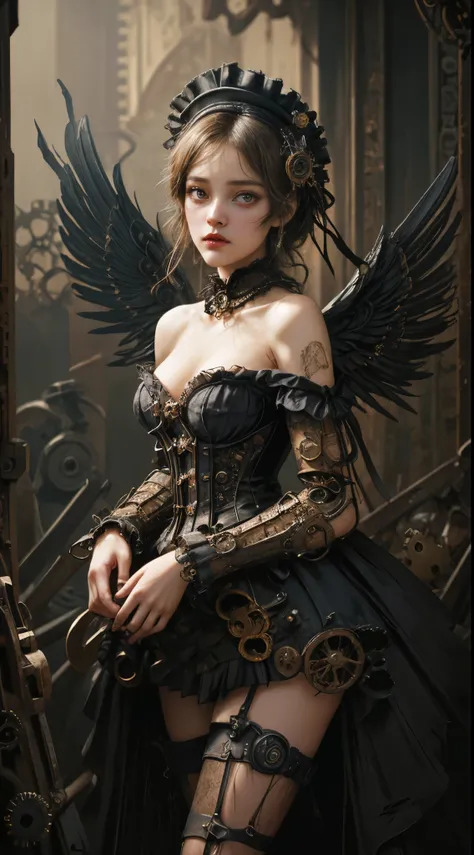 Mechanical girl, (((ultra realistic photo))), (((deep field frequency))), (((anatomically correct))), (((Very complex mechanized wings made of gears))), cute and adorable, very short bob with bangs, matted black hair,  (((very overdone steampunk))), (((Vic...