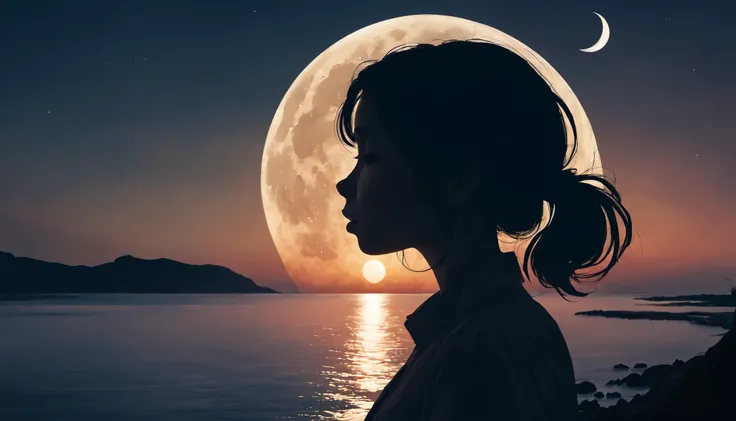 one girl silhouette art, multiple exposure, moon, seaside、Strengthen, Complex, (highest quality, masterpiece, Representative works, official art, Professional, unity 8k 1344x768