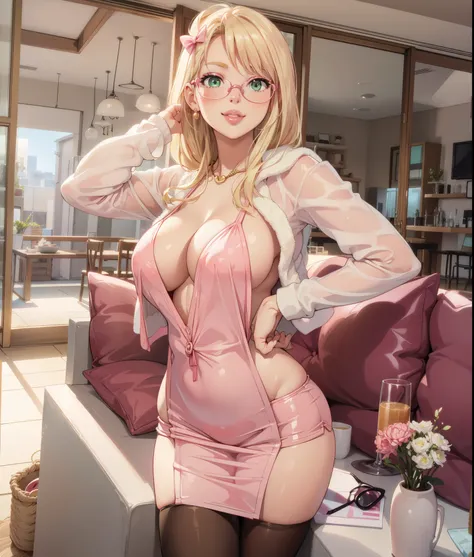 blush, smile,glowing aura, natural light, masterpiece, glossy skin, juicy lips , ,sexy, hot, evil,juicy lips hour glass, , juicy lips, , slender body, small , huge ass,smile, ultra detailed, , blonde sandy hair,green eyes, glasses, pink bow, pink clothes, ...