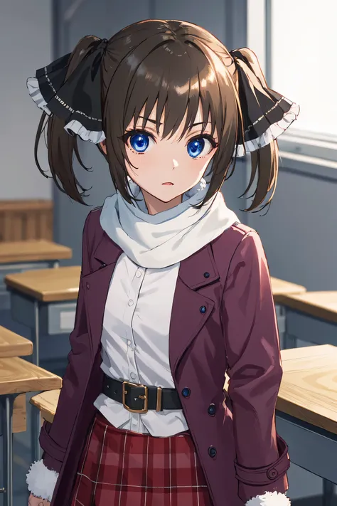 minatsushiina, minatsu shiina, blue eyes, brown hair, ribbon, twintails, hair ribbon,
BREAK (skirt, long sleeves, jacket, belt, scarf, coat, fur trim, black belt:1.2)
BREAK indoors, classroom,
BREAK looking at viewer, (cowboy shot:1.5), expression is solem...