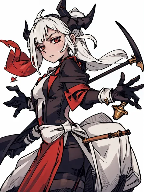 ((a woman，Plague Knight，Little nurse，maid outfit，Staff，red cloak)),front,Half body,white hair，black devil horns，scepter，temperament，grace，Damia，Mature，gentle，kindly，Different world，middle Ages，White background