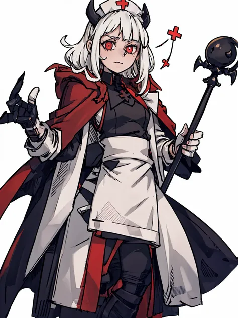 ((a woman，Plague Knight，Little nurse，maid outfit，Staff，red cloak)),front,Half body,white hair，black devil horns，scepter，temperament，grace，Damia，Mature，gentle，kindly，Different world，middle Ages，White background