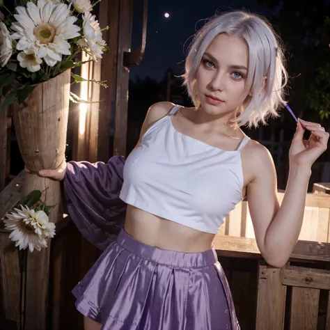 realistic, 1girl, white hair, purple eyes, glowing eyes, crop top, skirt, parted lips, blush, night, flowers, sun, sunlight,