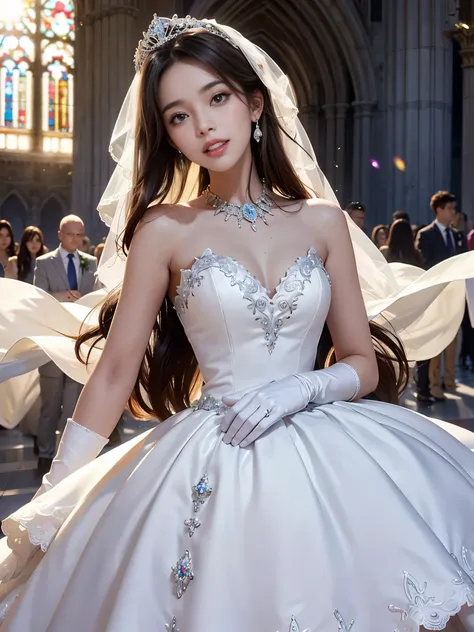 best quality, masterpiece, 1 girl, huge laugh, Very pretty, beautiful, cute teen, shiny lips, sweet, sun glare, Conservative attire, wedding dress, bridal tiara, white gloves, 5 fingers, depth of field, blurred background, Cathedral Background, no one arou...