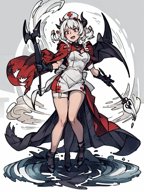 ((a woman，Plague Knight，Little nurse，maid outfit，Staff，red cloak，curls，big wave)),front,Half body,white hair，black devil horns，scepter，temperament，grace，Damia，Mature，gentle，kindly，Different world，middle Ages，White background