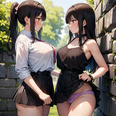 ((2 Beautiful Girls)), NSFW, Girl One: a captivating brunette with long ponytails, seductively pressed against a rough stone wall, her arms raised above her head in surrender,
Girl Two: a  and voluptuous figure, clad in a short skirt, her hands clutching t...