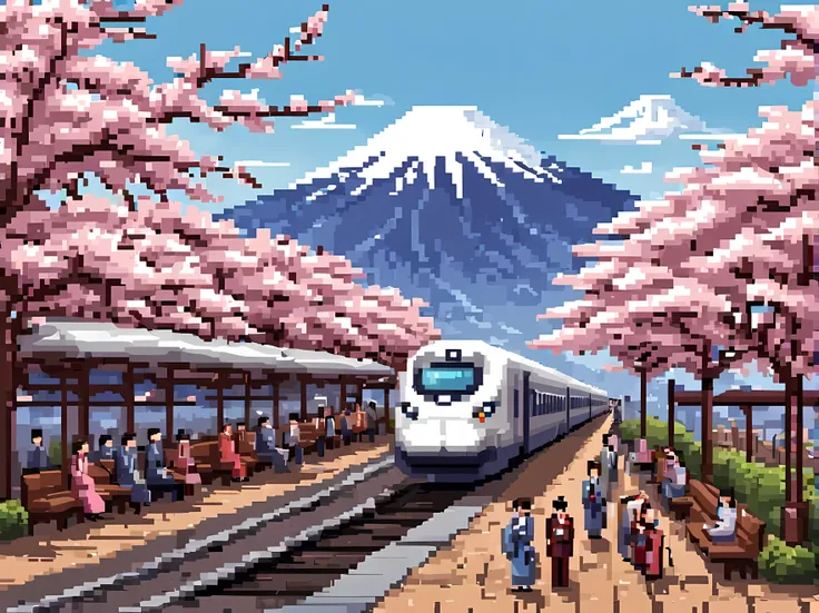 Pixel art, a captivating scene of a Japanese train station on a sunny spring day, a (sleek long futuristic train) at the platform, surrounded by blooming Sakura trees, traditional elements like lanterns and wooden benches, Mount Fuji in the background, pas...