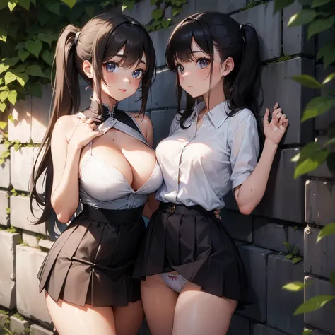 ((2 Beautiful Girls)), NSFW, Girl One: a captivating brunette with long ponytails, seductively pressed against a rough stone wall, her arms raised above her head in surrender,
Girl Two: a  and voluptuous figure, clad in a short skirt, her hands clutching t...