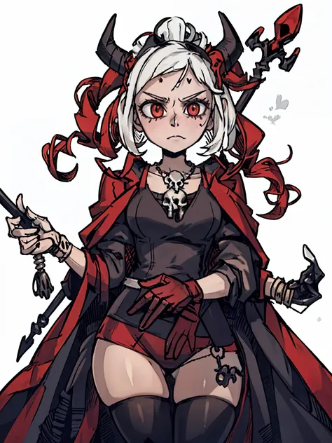 ((a woman，Death knight，Skull necklace，maid outfit，Skeleton Scepter，red cloak，curly hair, )),front,Half body,white hair，black devil horns，temperament，grace，Damia，Mature，gentle，kindly，Different world，middle Ages，White background